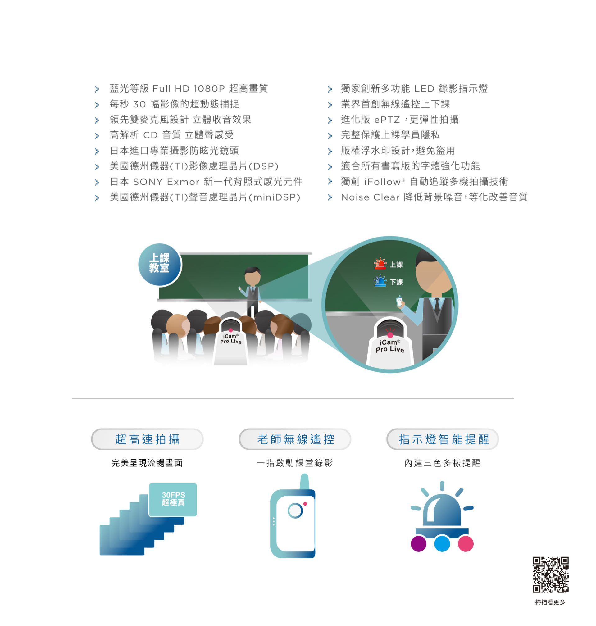 iCam Pro LIVE 摄影机具备蓝光等级 Full HD 1080P 超高画质与 30FPS 超顺畅影象输出，内置高解析 CD 音质立体收音、德制 DSP 处理芯片与 SONY Exmor 背照式感光组件，支持 ePTZ 灵活构图与 iFollow 多机自动追踪拍摄，搭配无线启录器与三色 LED 指示灯提示上课状态，适用数位教学、课堂录影与智能教室，是功能完整、画质与声音兼备的专业级直播摄影机。