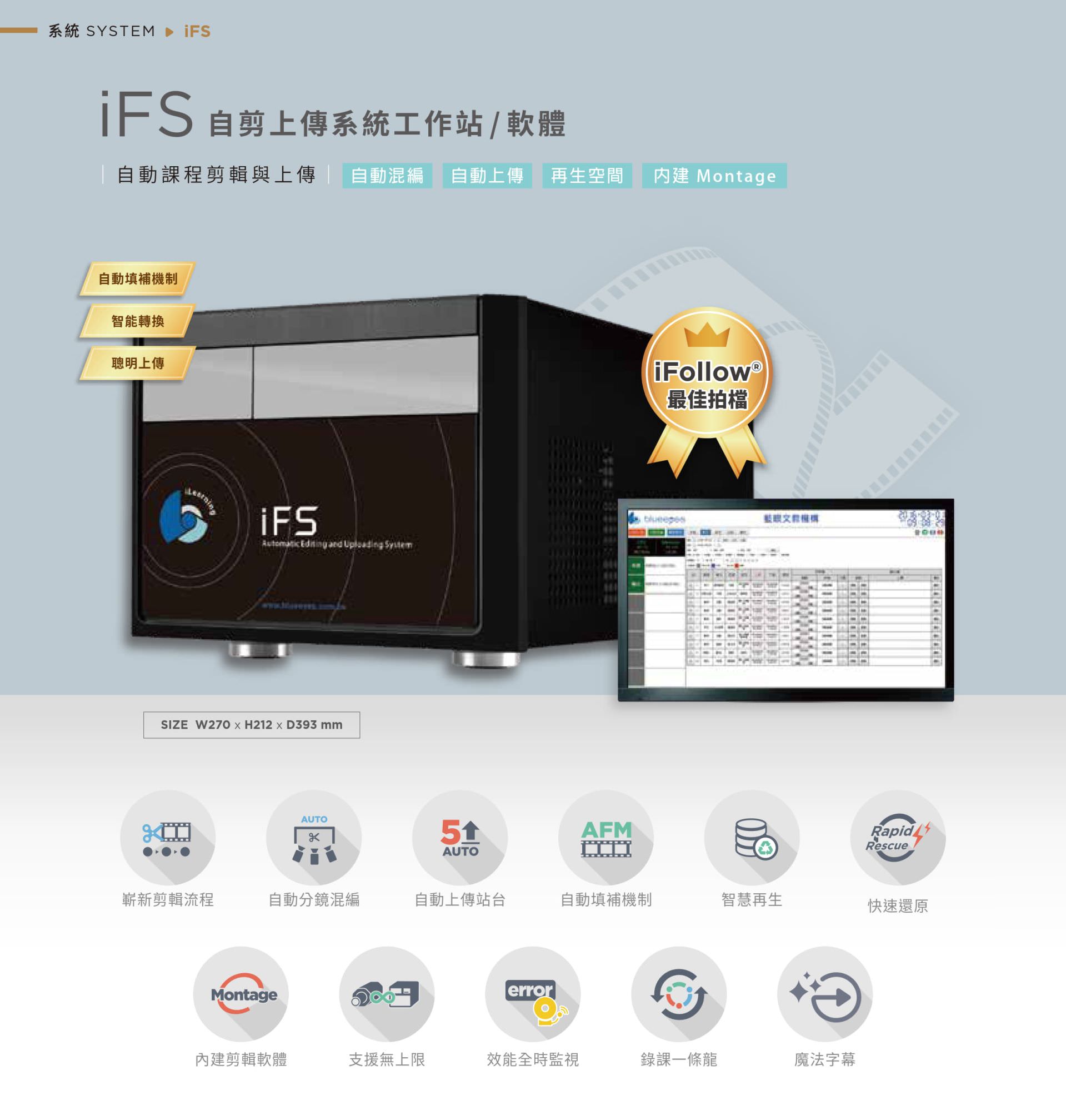 iFS 自剪上传系统工作站支持自动课程剪辑、智能分镜混编与自动上传站台功能，内置 Montage 剪辑软件可无缝衔接多路课程内容并合并输出，自动补机机制与快速还原保障影片完整性，支持智能再生与全时监控功能，是整合自动剪辑与智能上传的教学影音处理平台，最适合搭配 iFollow 系统使用。